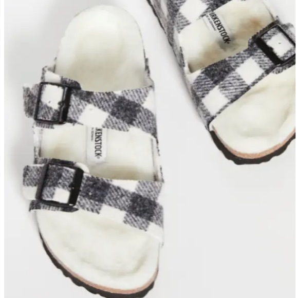 Birkenstock Arizona Shearling White And Black Plaid  Sandals Size 44 - Picture 2 of 4